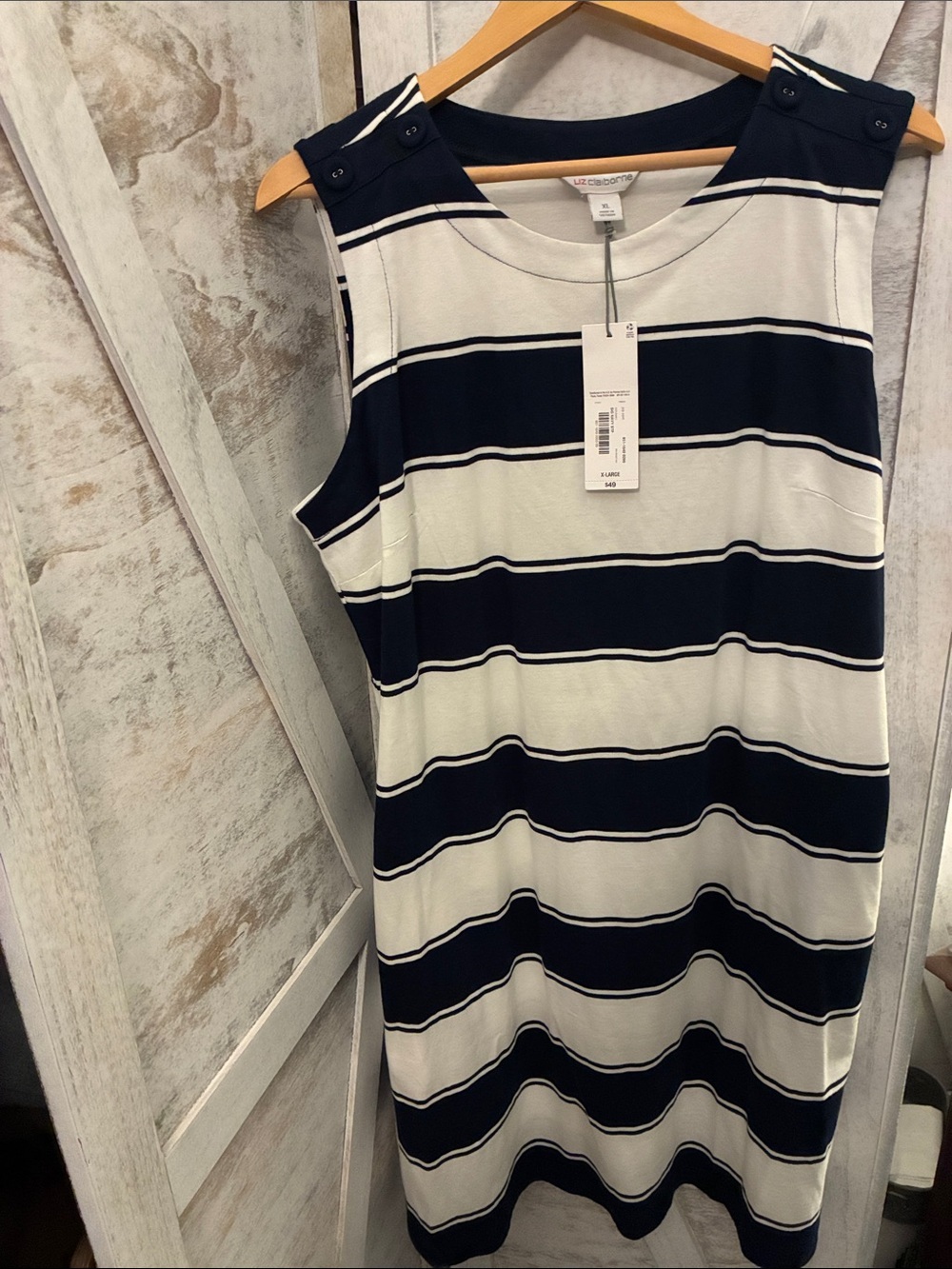 Liz Claiborne Navy and White Sleeveless Striped Shift Dress